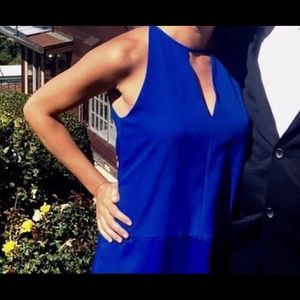 Parker Blue Silk/Polyester High Neck Keyhole Dress